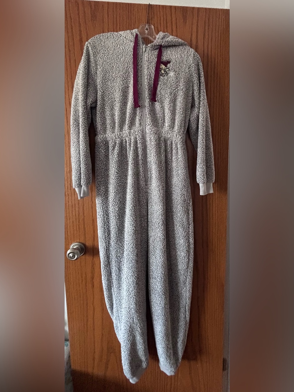 Peanuts Gray Sherpa onesie with Burgundy Trim